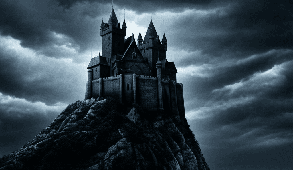 Gothic castle under aurora, painterly lighting