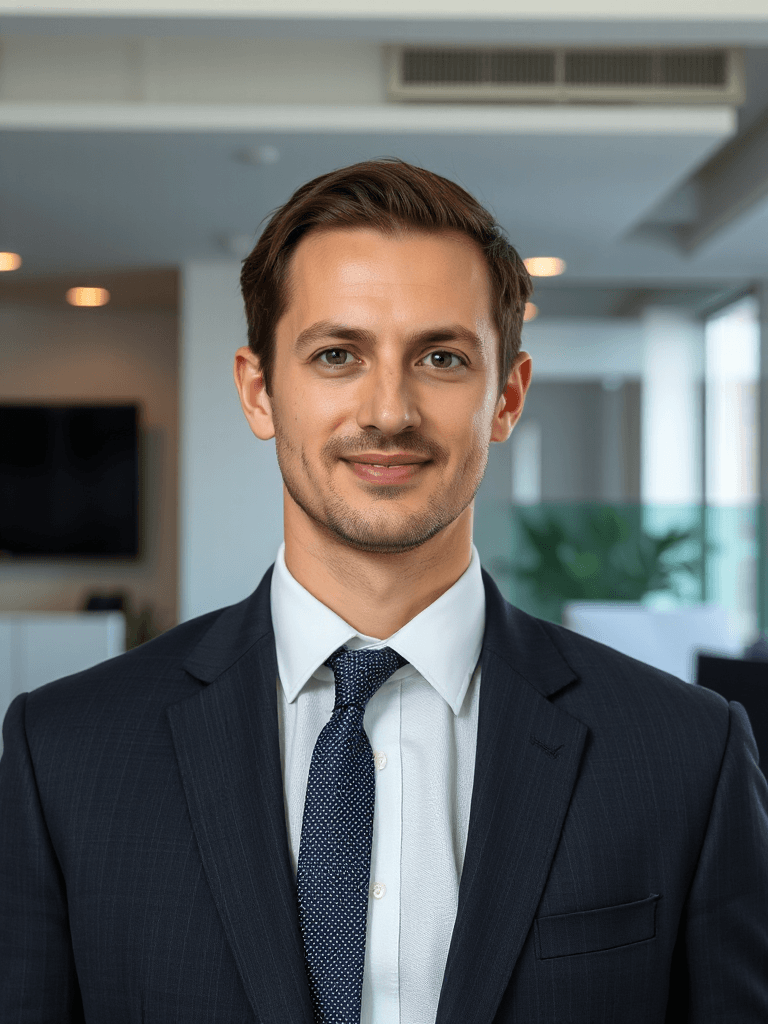 AI-generated professional LinkedIn headshot with formal attire and clean background
