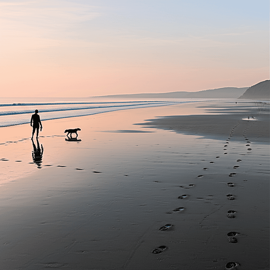 a man walking alone on beach with dog
