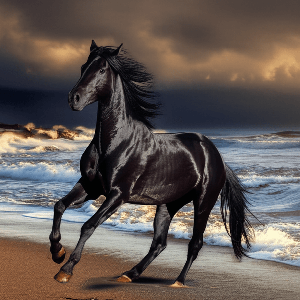 Wild horse galloping stormy ocean beach, dramatic golden hour.