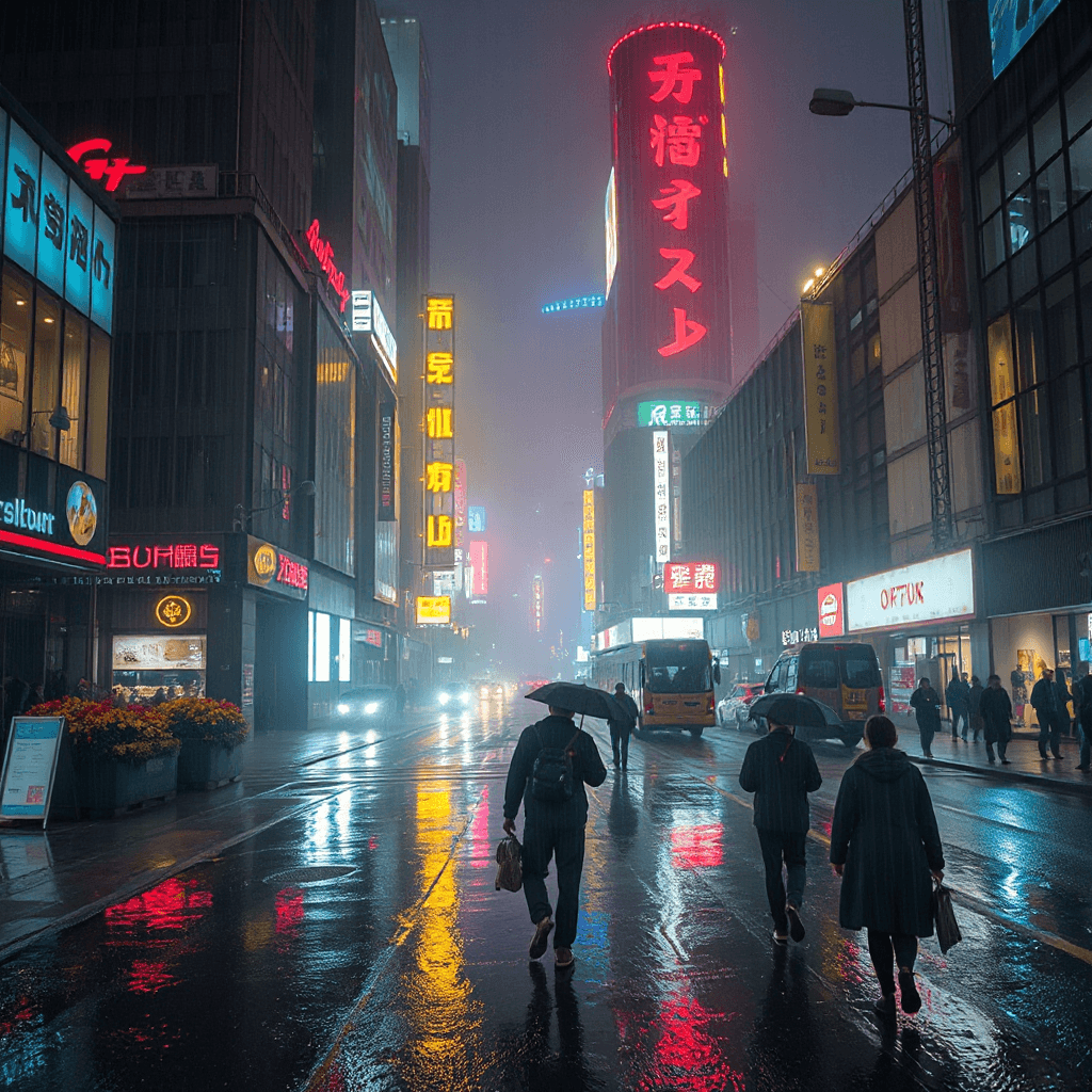 cyberpunk city at night, neon lights reflecting on wet streets, rain, fog, people walking with umbrellas, bladerunner style, ultra detailed, cinematic lighting, volumetric light, 8k