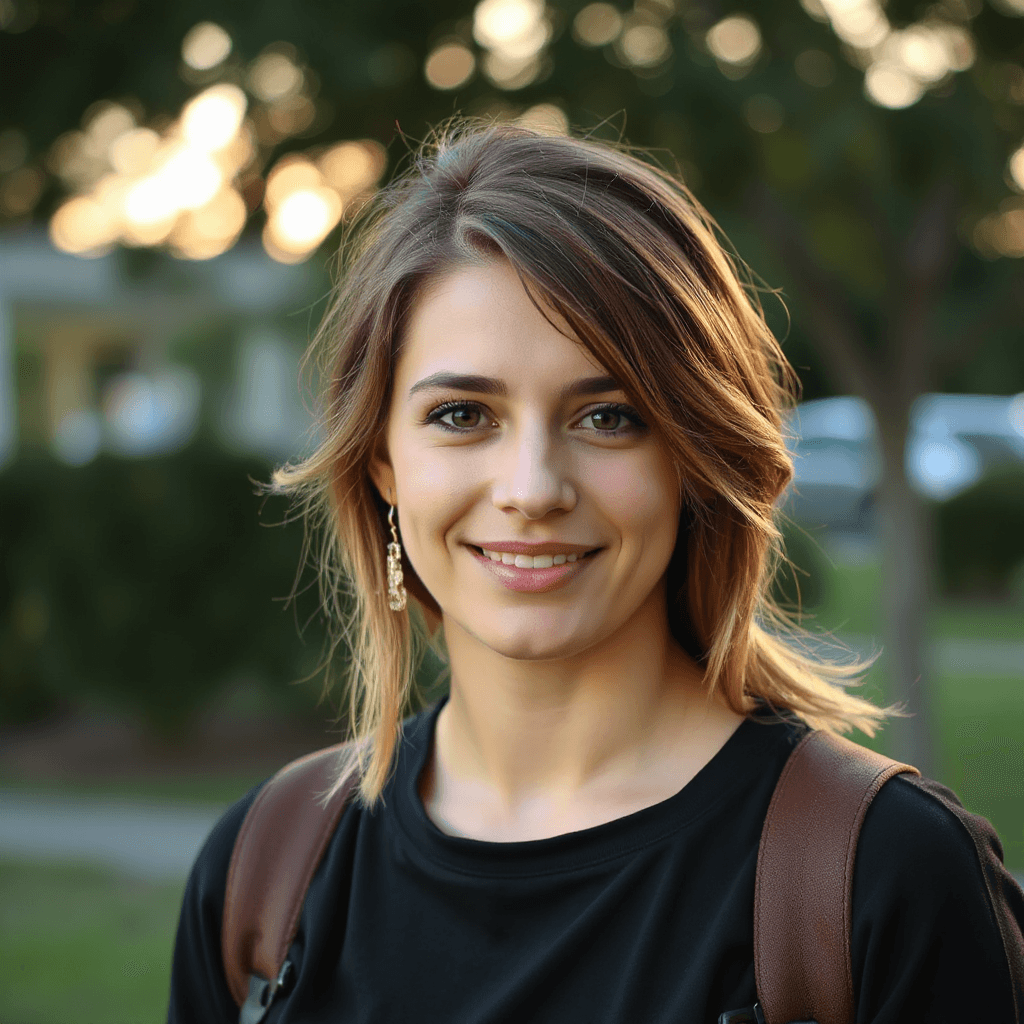 Casual profile picture for social media, relaxed outfit, aesthetic outdoor background with soft bokeh, natural golden-hour style lighting, friendly expression, sharp eyes, flattering skin tones, in realistic style, depicting characters