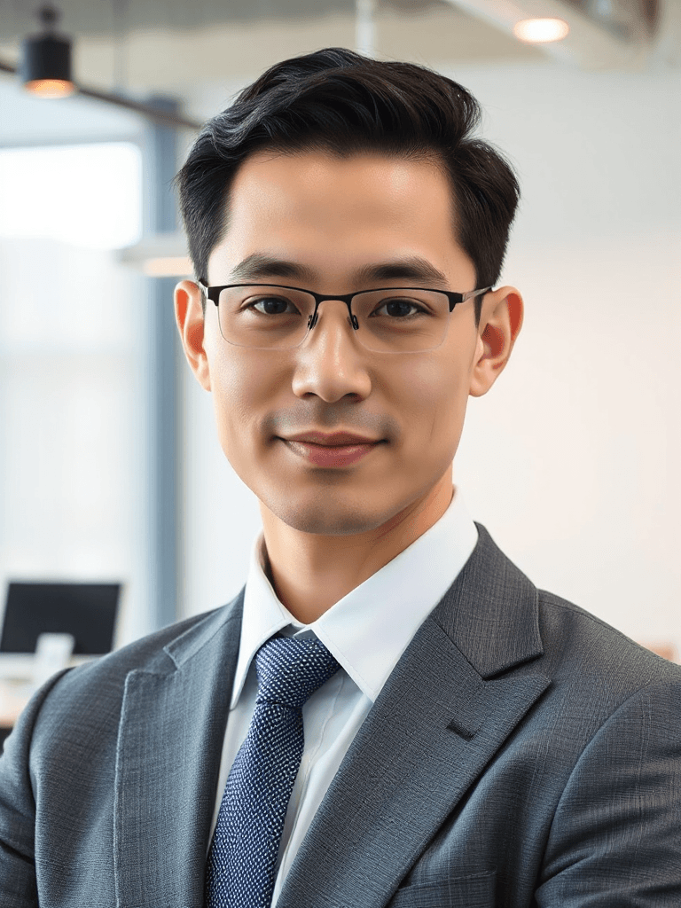 Corporate headshot, tailored business suit, modern office environment softly out of focus, professional studio lighting, shoulders-up, confident posture, looking at camera, in realistic style, depicting characters