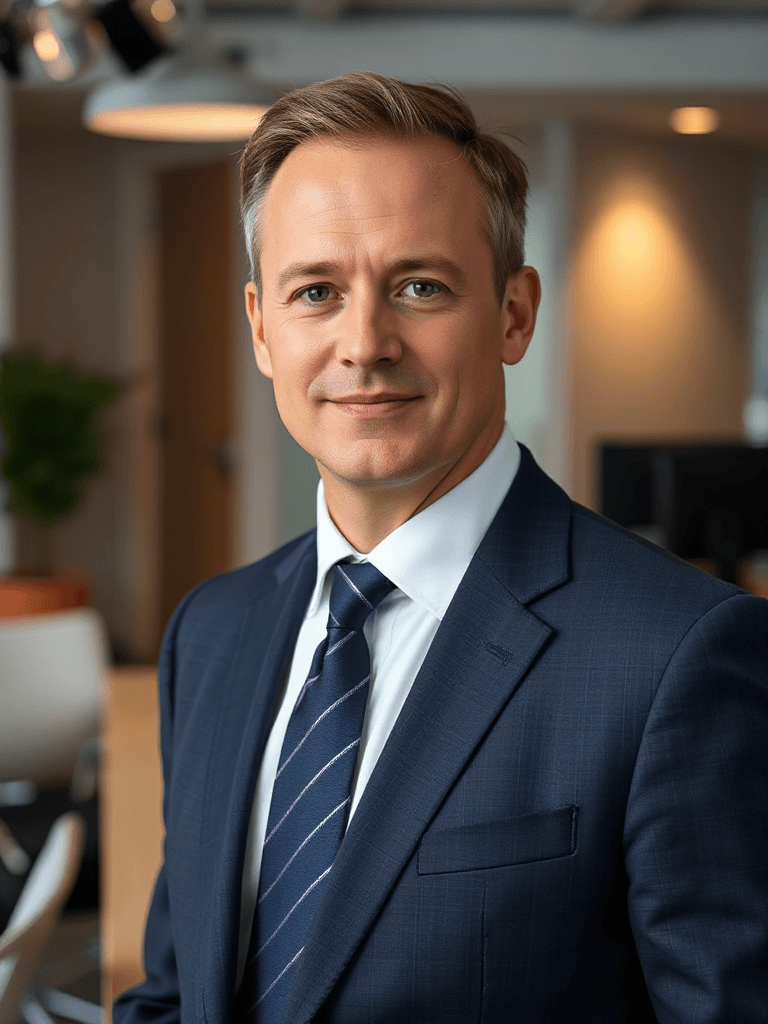 Corporate headshot, tailored business suit, modern office environment softly out of focus, professional studio lighting, shoulders-up, confident posture, looking at camera, in realistic style, depicting characters