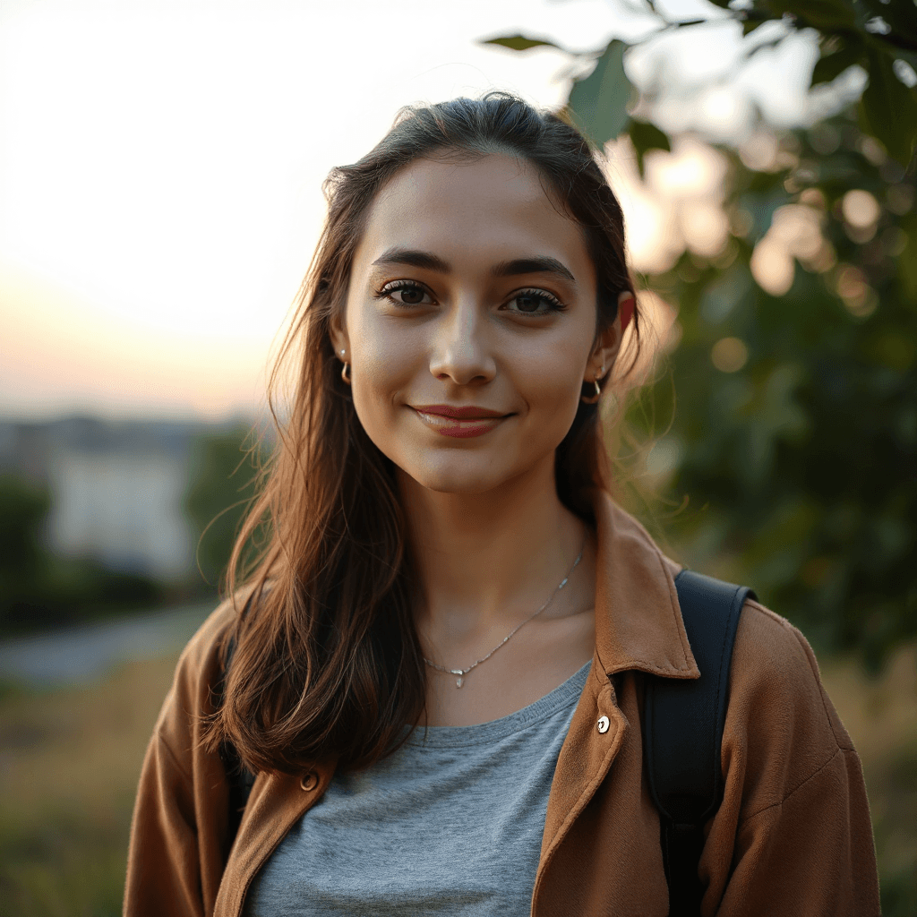 Casual profile picture for social media, relaxed outfit, aesthetic outdoor background with soft bokeh, natural golden-hour style lighting, friendly expression, sharp eyes, flattering skin tones, in realistic style, depicting characters