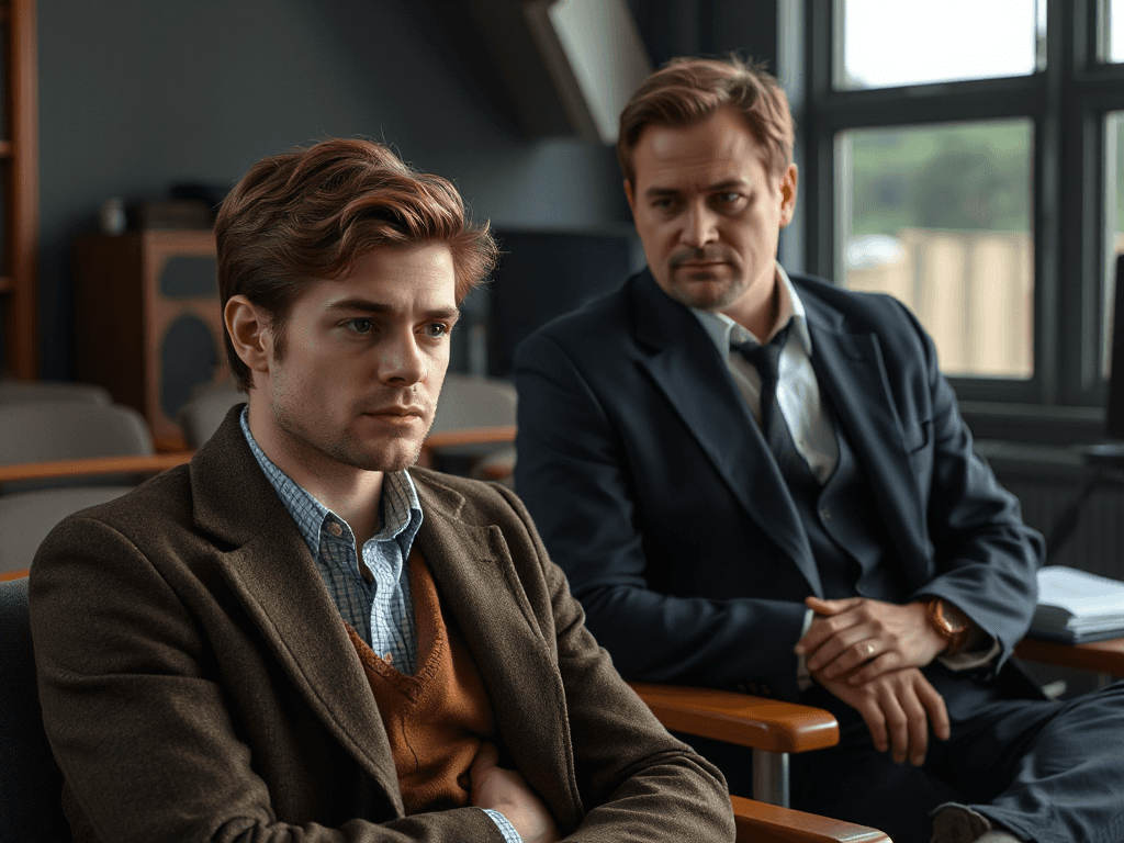 Ultra-realistic close-to-mid shot of Andrew Garfield seated beside a studio director who has just delivered difficult news. Andrew looks heartbroken and stunned. The director leans slightly toward him, serious expression. professional photography, emotional tension in the air., in realistic style