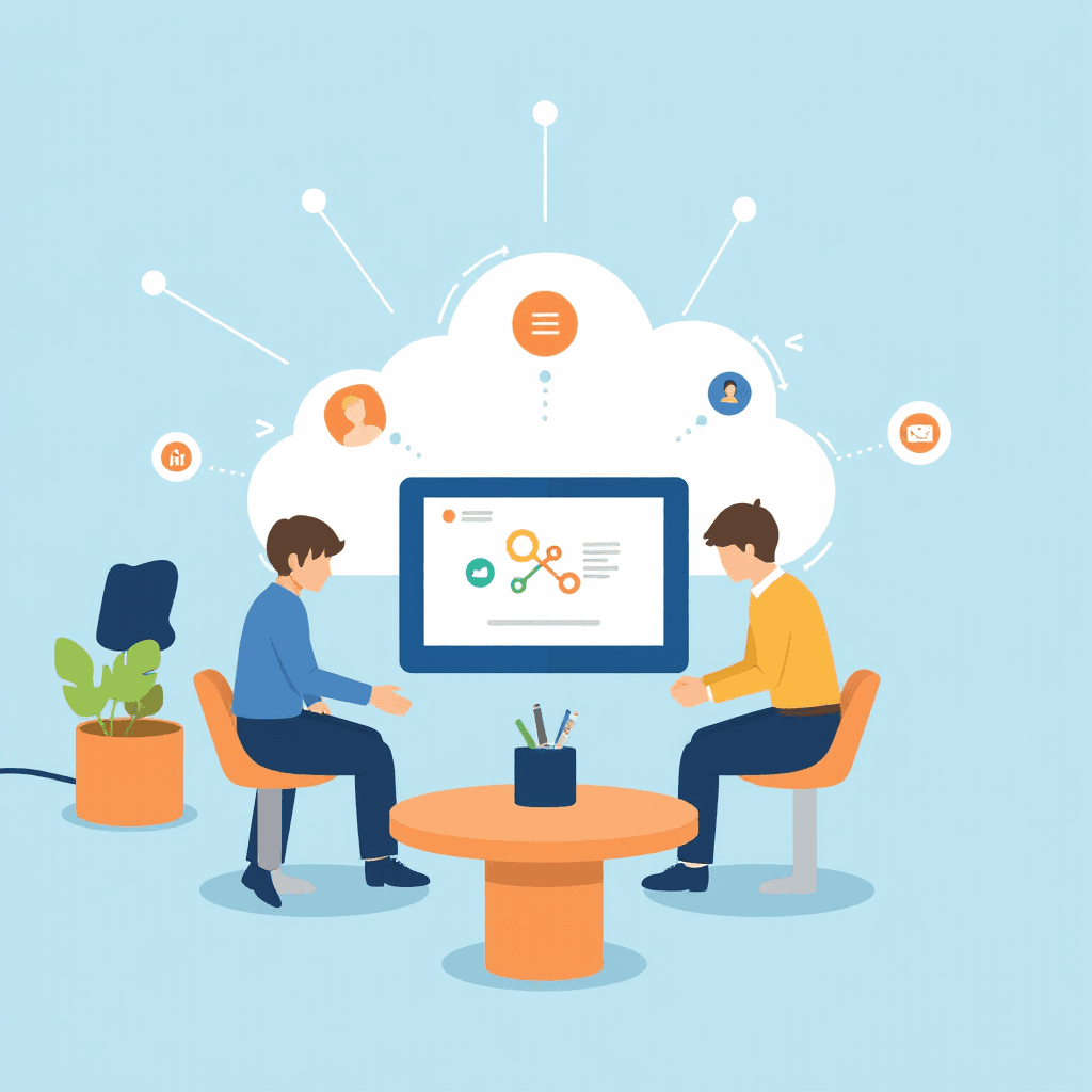 Necesito una imagen que represente el significado de mi empresa :Es una empresa ficticia, cuya función es conectar a profesionales verificados con clientes a través de una aplicación WEB, la plataforma cuenta con un sistema de suscripciones, mensajería, valoraciones, centro de noticias y soporte para los usuarios, permitiendo así gestionar la oferta y demanda de servicios. Hacela realista y con tonos claros