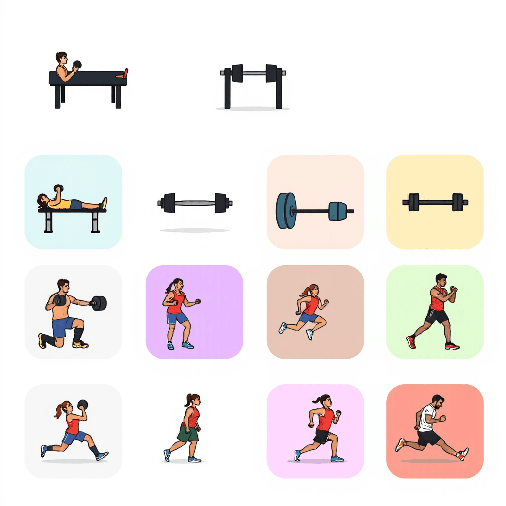 Create 15 small workout icons for my fitness tracker app. They should showcase a preview of the exercise. The exercises are:
Bench Press
Biceps Curls
Crunches
Deadlift
Dumbbell Shoulder Press
Jumping Jacks
Lat Pulldown
Lunges
PLank
Pull-Ups
Push-Ups
Running
Squats
Dips
Burpees
, in pixel-art style