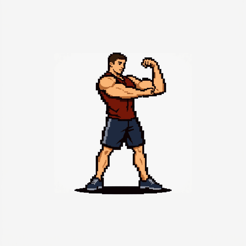 Generate me a small modern pixel art icon of a person performing the bicep curl exercise. The background needs to be transparent: