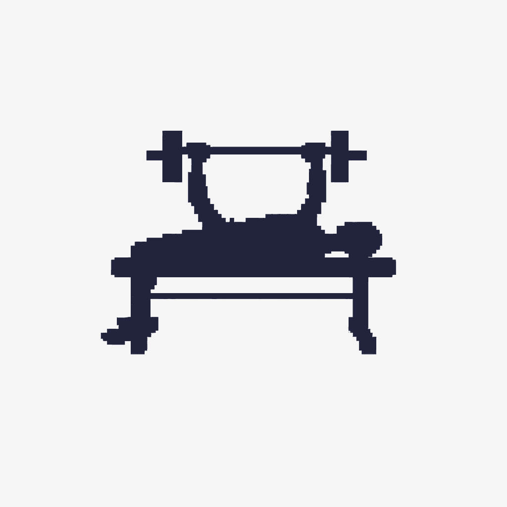 Create a 16x16 pixel art icon of a person performing a bench press exercise.
Use a minimal, clean, modern pixel art style with strong silhouette readability.
The person should be lying on a bench, pushing a barbell upward.
Limit the color palette to 4–6 colors max.
Use simple shapes and clear contrast, no unnecessary details.
Ensure the icon is centered and recognizable at very small sizes.
Use a transparent background (no background fill).
Avoid anti-aliasing and keep edges crisp.