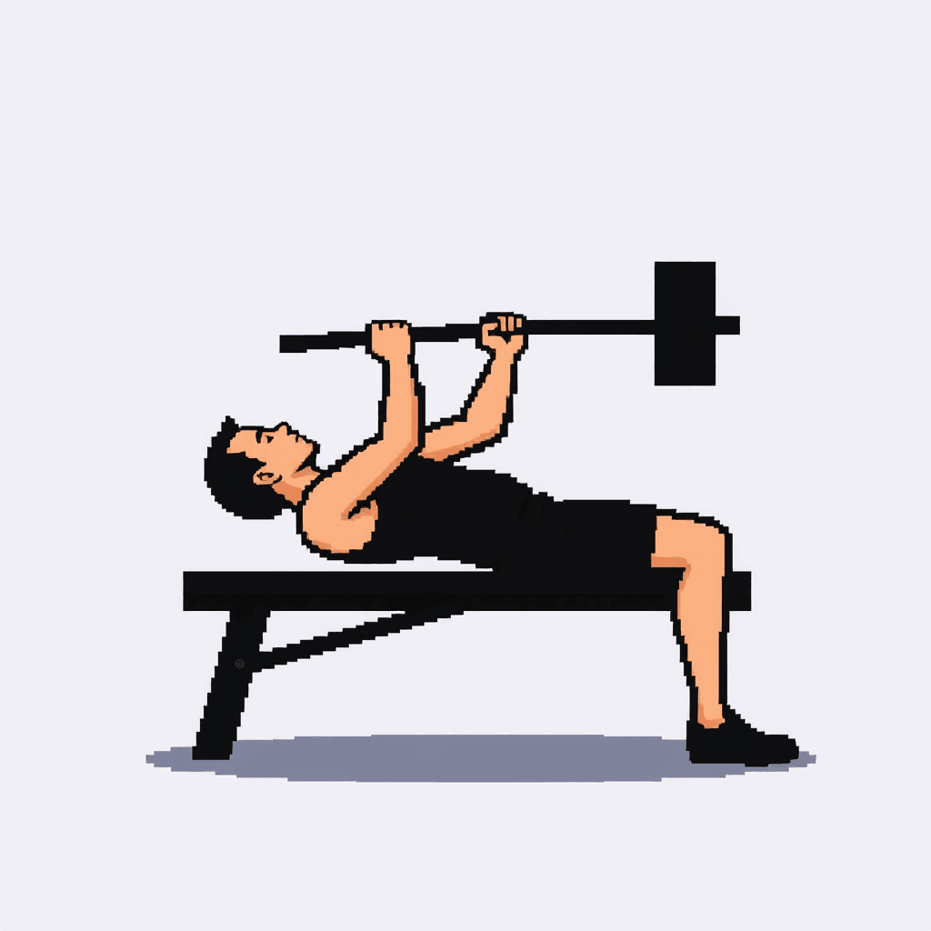 Create a 16x16 pixel art icon of a person performing a bicep curl exercise.
Use a minimal, clean, modern pixel art style with strong silhouette readability.
The person should be lying on a bench, pushing a barbell upward.
Limit the color palette to 4–6 colors max.
Use simple shapes and clear contrast, no unnecessary details.
Ensure the icon is centered and recognizable at very small sizes.
Use a transparent background (no background fill).
Avoid anti-aliasing and keep edges crisp.