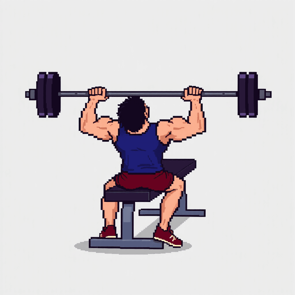 Retro NES-style game sprite, 32x32 pixels.
Side view of a person doing a bench press.
Very simple blocky shapes, exaggerated pose.
Flat colors only, no shading gradients.
Clear silhouette, readable when scaled down.
Transparent background.