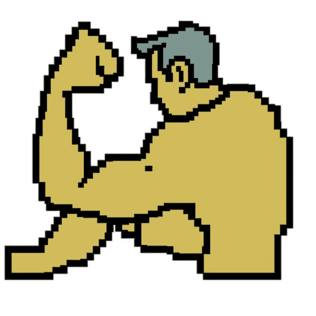 Retro NES-style game sprite, 32x32 pixels.
Side view of a person doing a bicep curl.
Very simple blocky shapes, exaggerated pose.
Flat colors only, no shading gradients.
Clear silhouette, readable when scaled down.
Transparent background.