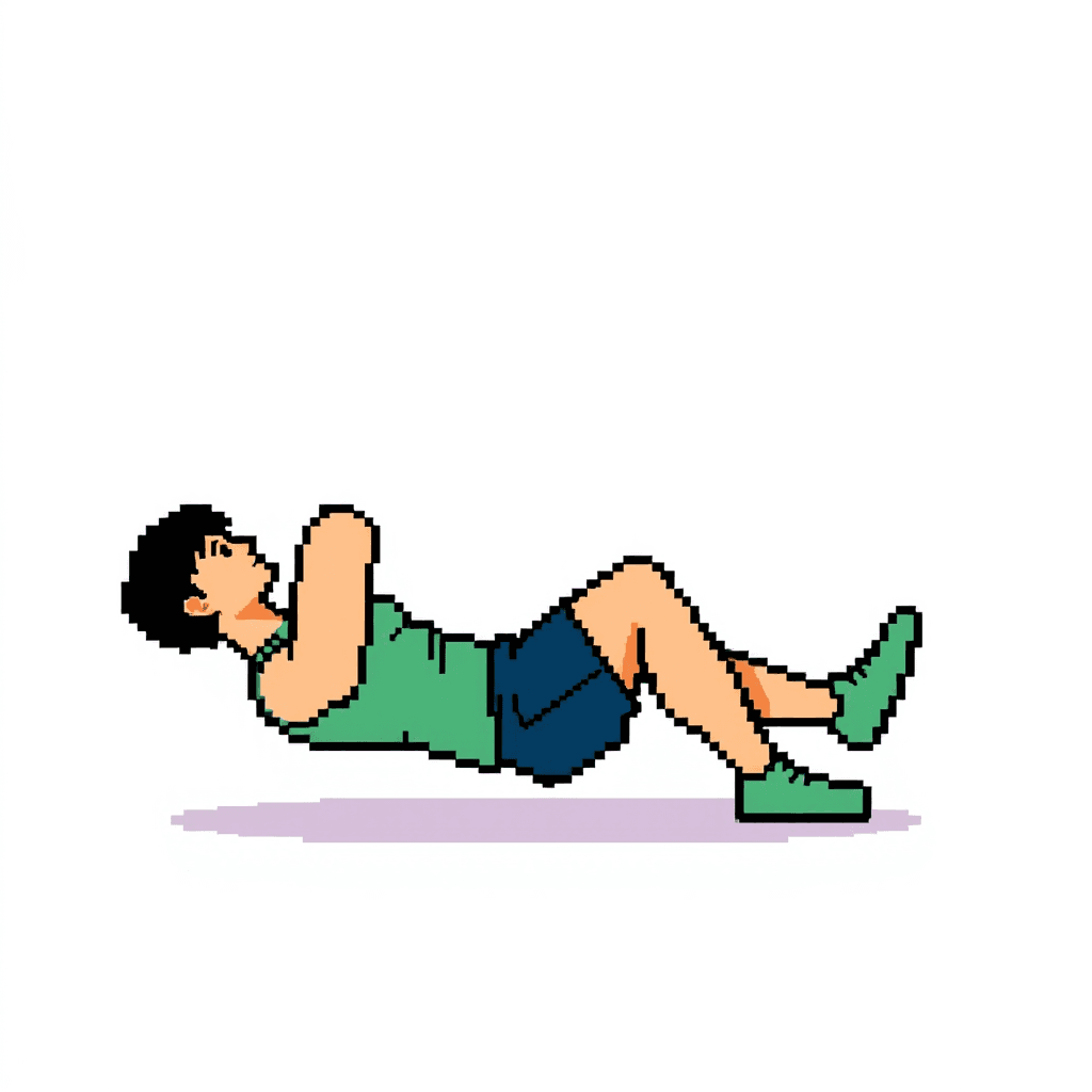 Retro NES-style game sprite, 32x32 pixels.
Side view of a person doing a crunches.
Very simple blocky shapes, exaggerated pose.
Flat colors only, no shading gradients.
Clear silhouette, readable when scaled down.
Transparent background.