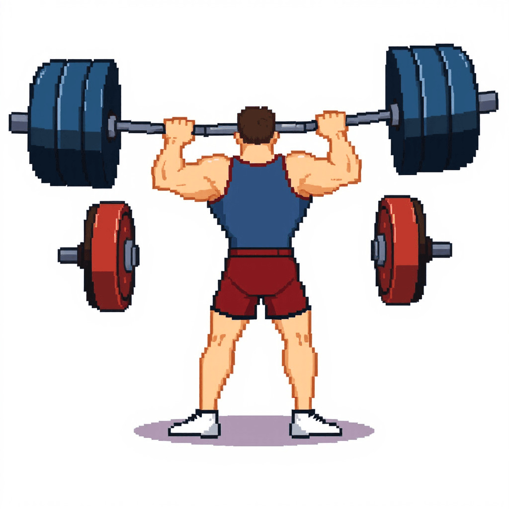 Retro NES-style game sprite, 32x32 pixels.
Side view of a person doing a deadlift.
Very simple blocky shapes, exaggerated pose.
Flat colors only, no shading gradients.
Clear silhouette, readable when scaled down.
Transparent background.