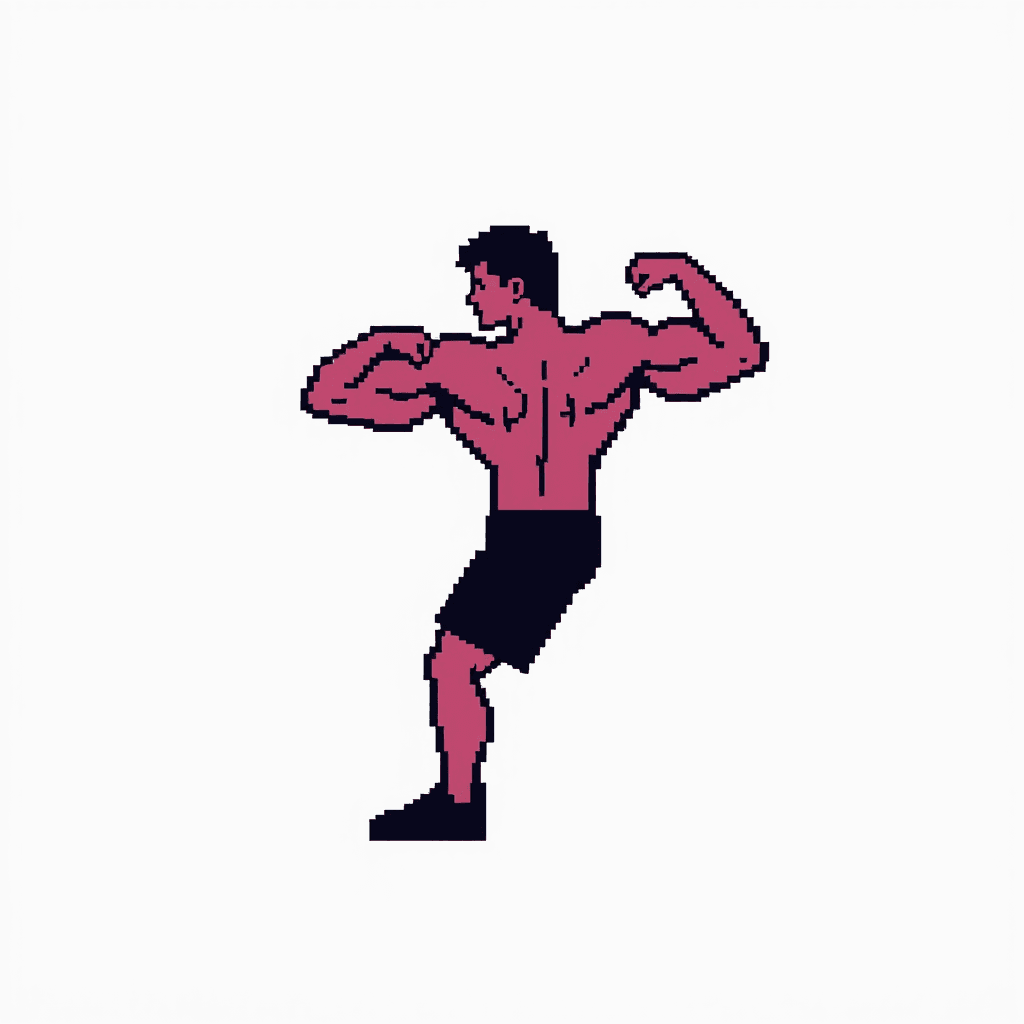 Retro NES-style game sprite, 32x32 pixels.
Side view of a person doing a shoulder press.
Very simple blocky shapes, exaggerated pose.
Flat colors only, no shading gradients.
Clear silhouette, readable when scaled down.
Transparent background.