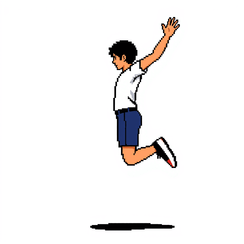 Retro NES-style game sprite, 32x32 pixels.
Side view of a person doing a jumping jacks.
Very simple blocky shapes, exaggerated pose.
Flat colors only, no shading gradients.
Clear silhouette, readable when scaled down.
Transparent background.