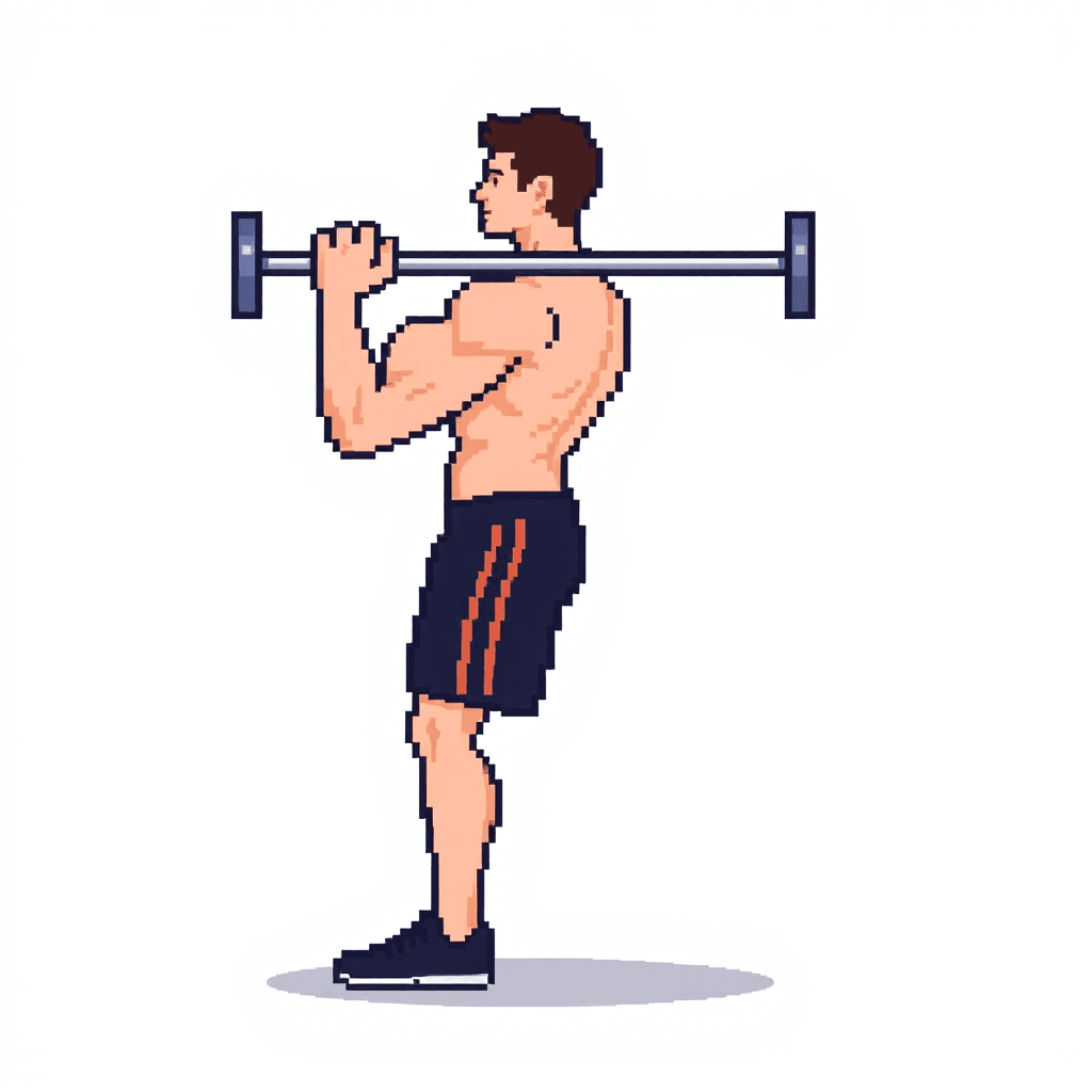 Retro NES-style game sprite, 32x32 pixels.
Side view of a person doing a lat pulldown.
Very simple blocky shapes, exaggerated pose.
Flat colors only, no shading gradients.
Clear silhouette, readable when scaled down.
Transparent background.