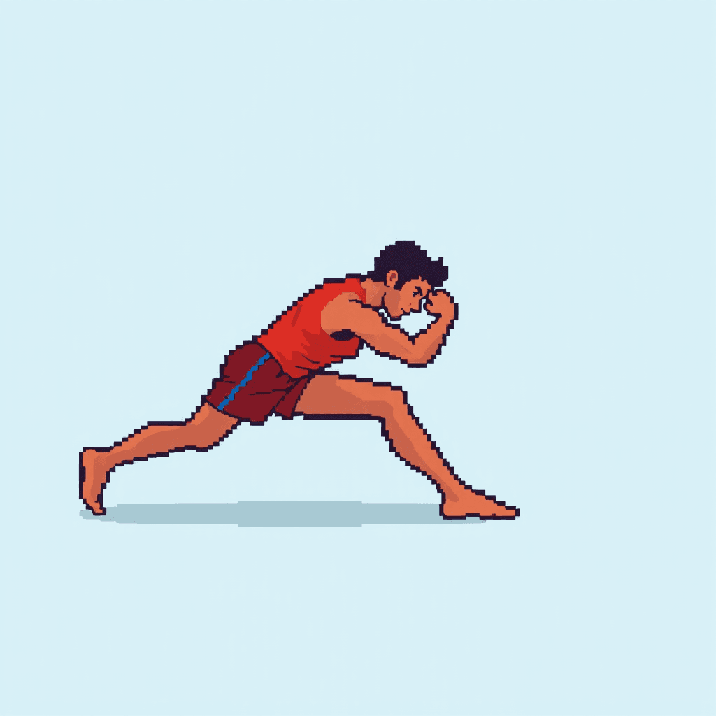 Retro NES-style game sprite, 32x32 pixels.
Side view of a person doing a lunges.
Very simple blocky shapes, exaggerated pose.
Flat colors only, no shading gradients.
Clear silhouette, readable when scaled down.
Transparent background.