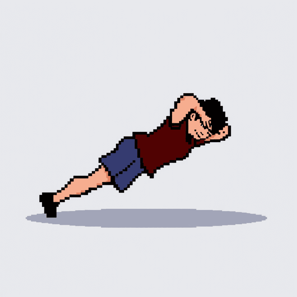 Retro NES-style game sprite, 32x32 pixels.
Side view of a person doing a plank.
Very simple blocky shapes, exaggerated pose.
Flat colors only, no shading gradients.
Clear silhouette, readable when scaled down.
Transparent background.