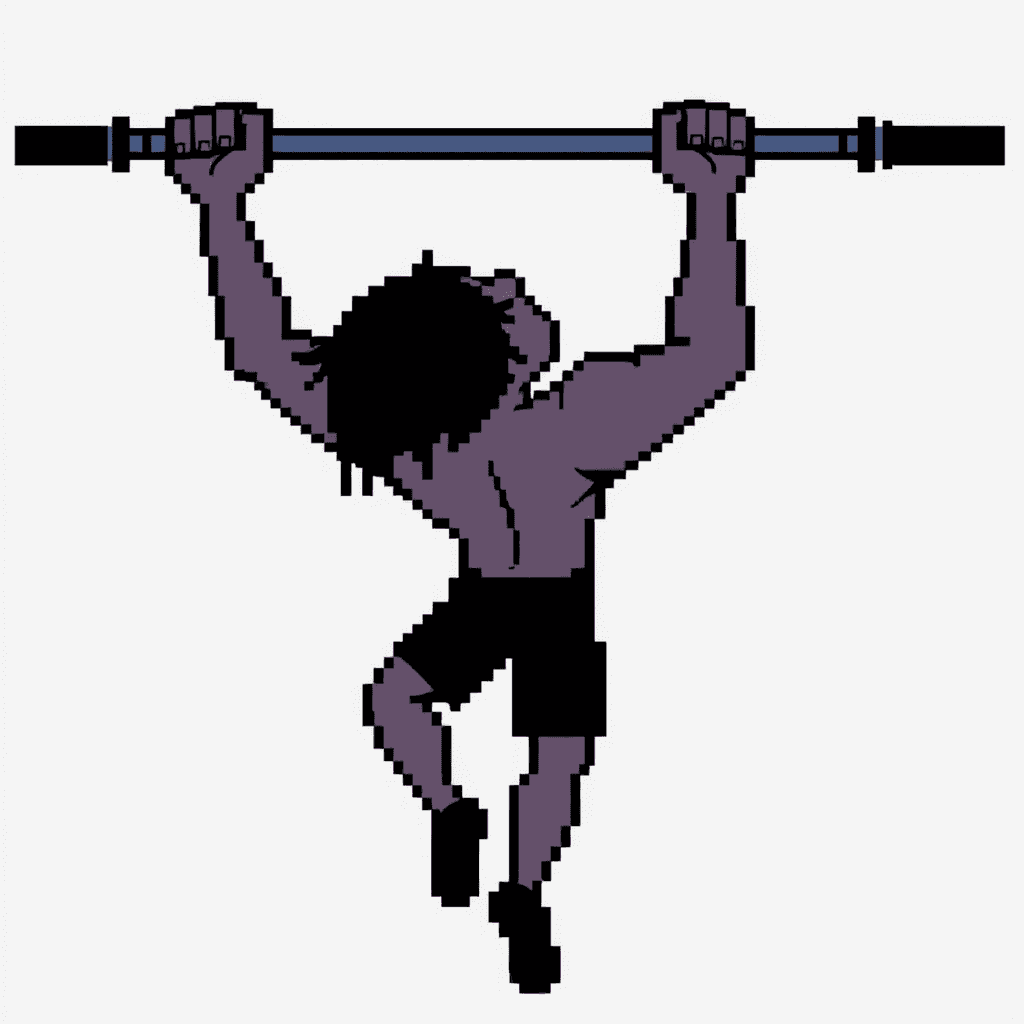Retro NES-style game sprite, 32x32 pixels.
Side view of a person doing a pull-ups.
Very simple blocky shapes, exaggerated pose.
Flat colors only, no shading gradients.
Clear silhouette, readable when scaled down.
Transparent background.