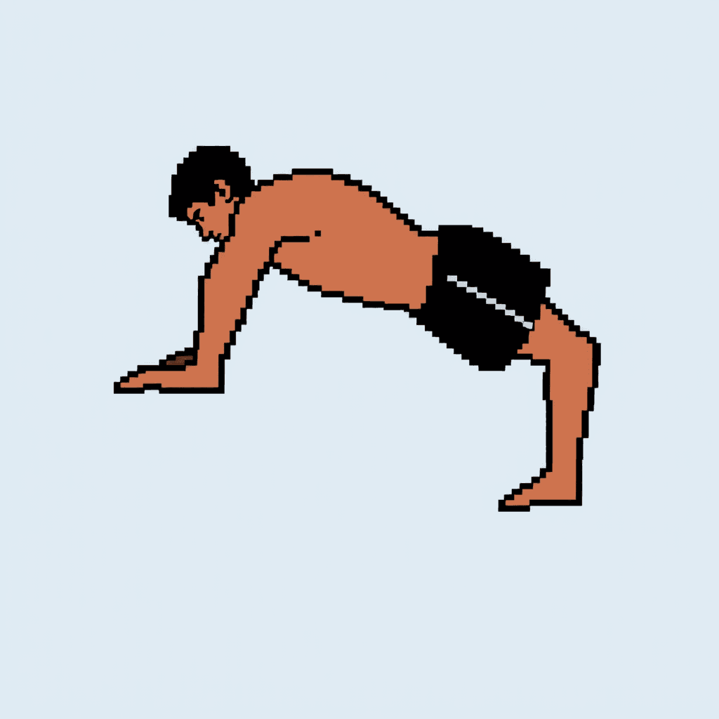 Retro NES-style game sprite, 32x32 pixels.
Side view of a person doing a push ups.
Very simple blocky shapes, exaggerated pose.
Flat colors only, no shading gradients.
Clear silhouette, readable when scaled down.
Transparent background.