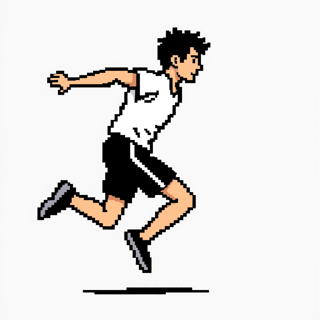 Retro NES-style game sprite, 32x32 pixels.
Side view of a person doing a running.
Very simple blocky shapes, exaggerated pose.
Flat colors only, no shading gradients.
Clear silhouette, readable when scaled down.
Transparent background.