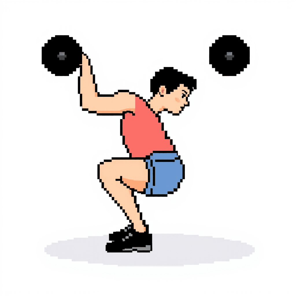 Retro NES-style game sprite, 32x32 pixels.
Side view of a person doing a squats.
Very simple blocky shapes, exaggerated pose.
Flat colors only, no shading gradients.
Clear silhouette, readable when scaled down.
Transparent background.
