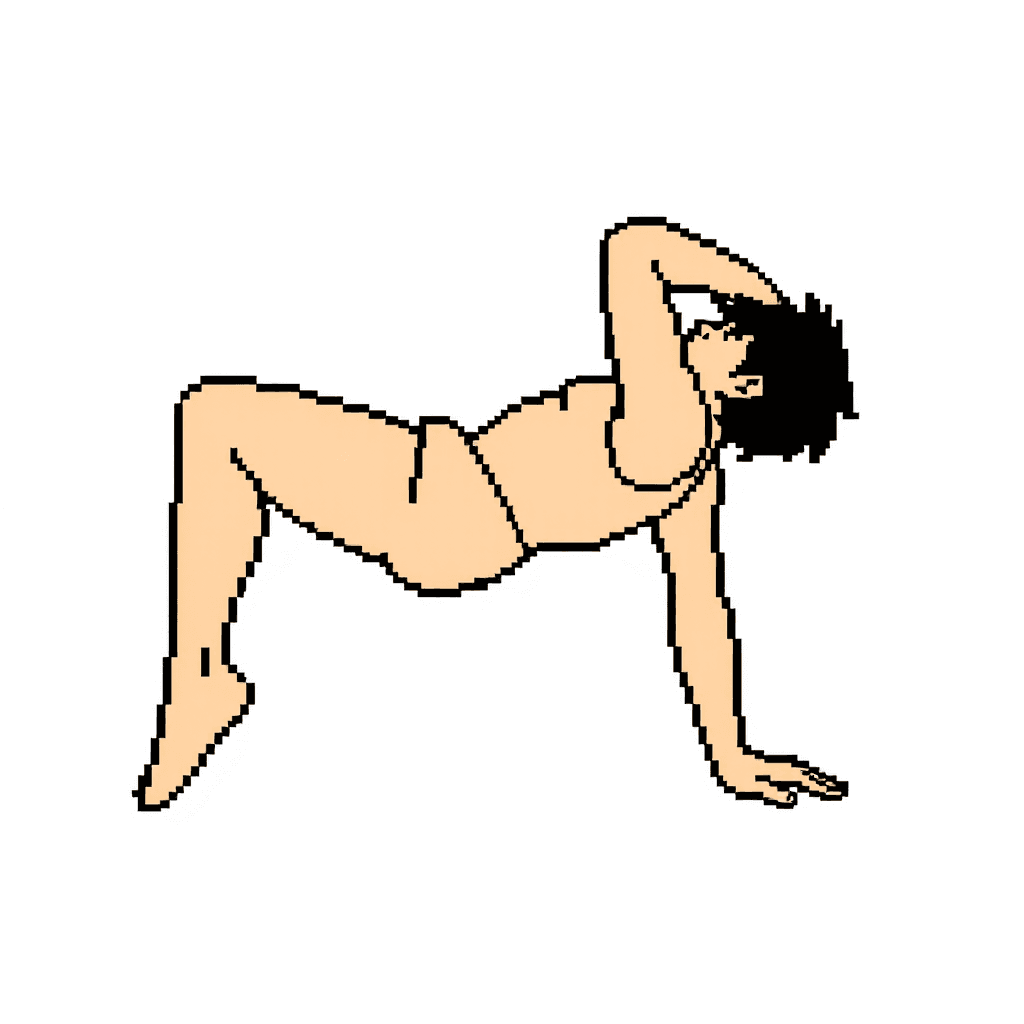 Retro NES-style game sprite, 32x32 pixels.
Side view of a person doing a dips.
Very simple blocky shapes, exaggerated pose.
Flat colors only, no shading gradients.
Clear silhouette, readable when scaled down.
Transparent background.