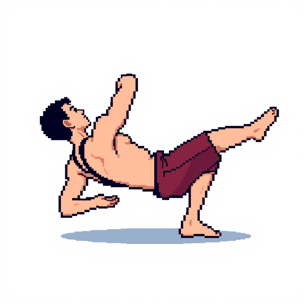 Retro NES-style game sprite, 32x32 pixels.
Side view of a person doing a tricep dip
.
Very simple blocky shapes, exaggerated pose.
Flat colors only, no shading gradients.
Clear silhouette, readable when scaled down.
Transparent background.
