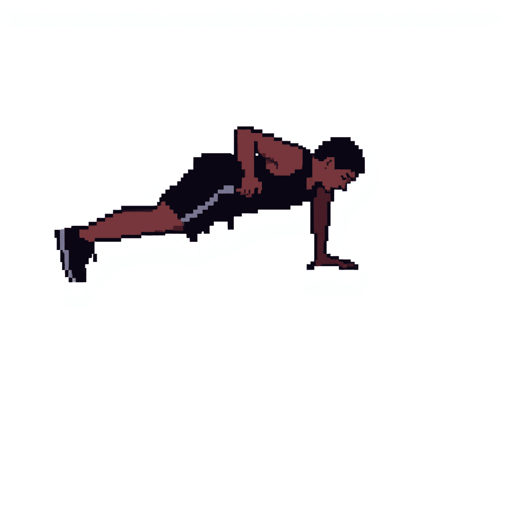 Retro NES-style game sprite, 32x32 pixels.
Side view of a person doing a burpees
.
Very simple blocky shapes, exaggerated pose.
Flat colors only, no shading gradients.
Clear silhouette, readable when scaled down.
Transparent background.