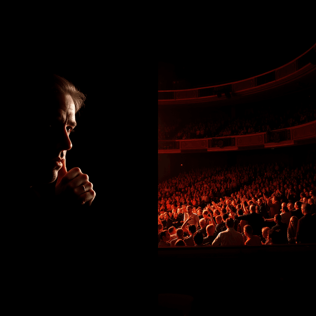 Split screen layout. Left side: a critic looking unimpressed or giving thumbs down. Right side: a massive crowd going crazy in a theater. all in silouette way