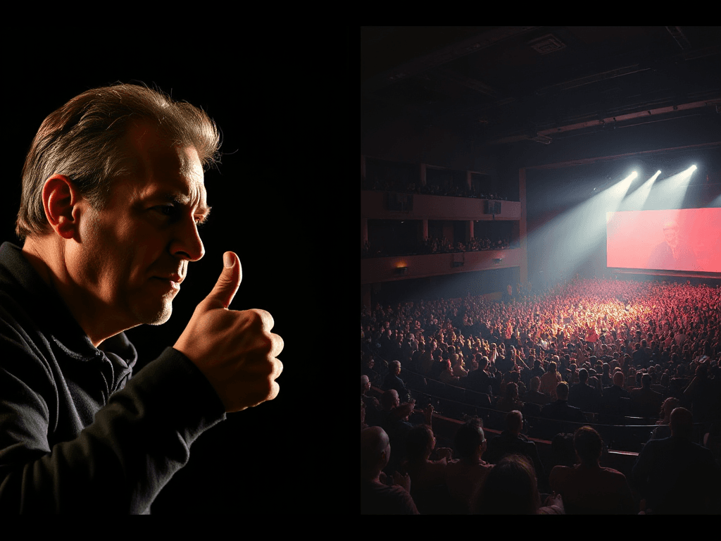 Split screen layout. Left side: a critic looking unimpressed or giving thumbs down. Right side: a massive crowd going crazy in a theater. all in silouette way, in digital-art style