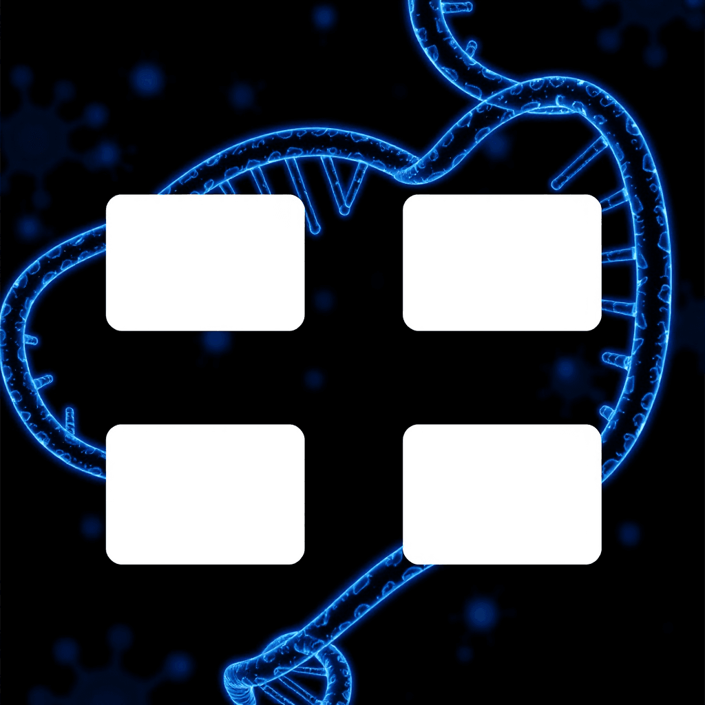 A high-quality lotto board template about genetic diseases, dark elegant theme.
Background with detailed glowing DNA double helix strands, scientific and futuristic style.
Color palette: deep blue, dark purple, black with subtle neon highlights.
Minimalistic but professional design.
Include 4 clean white rectangular spaces (empty placeholders) evenly arranged on the board for placing cards.
The rectangles should have soft shadows and rounded corners.
Add subtle scientific elements in the background (cells, molecules, genetic patterns) but keep them low opacity so the design stays clean.
Style: modern, medical, educational, slightly futuristic.
Lighting: soft glow, high contrast between dark background and white card spaces.
Top-down flat layout, centered composition, no text, no watermark, 4K resolution.