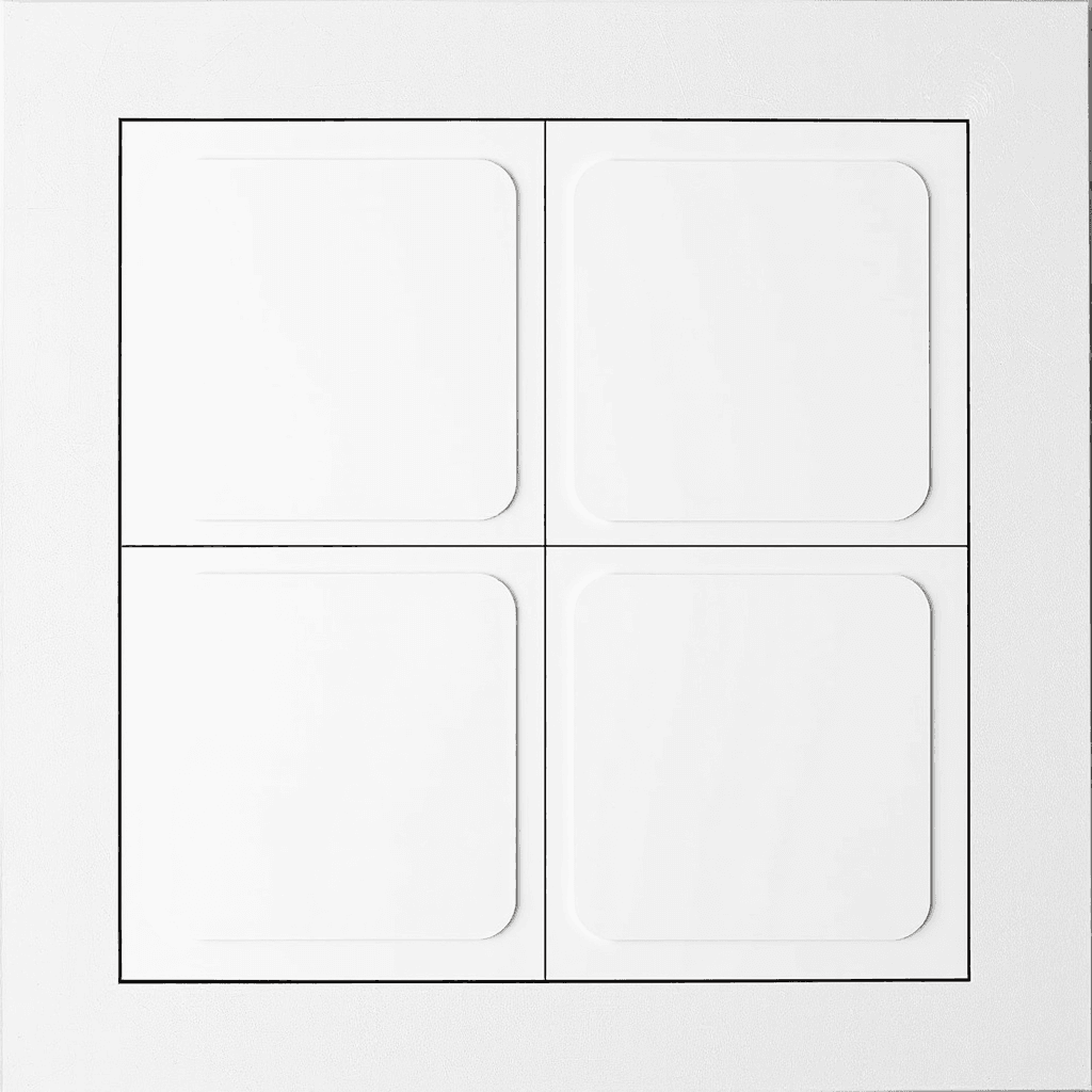 A professional lotto board template, top-down flat design.
STRICT layout:
Place exactly 4 white rectangles in a 2x2 grid.
All rectangles must be identical size and perfectly aligned.
Even spacing between them.
Centered on the canvas.
Each rectangle:
- pure white
- rounded
