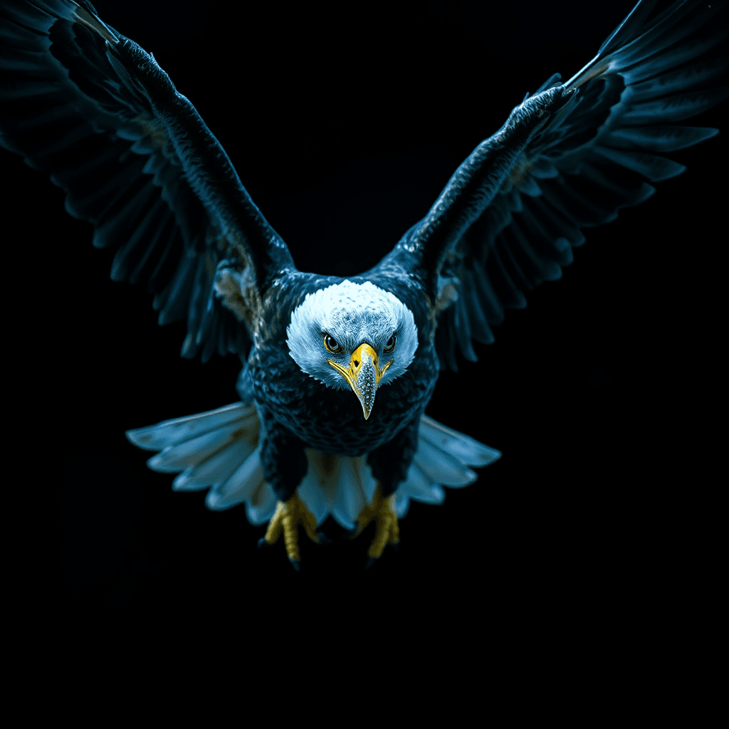Bald eagle flying in mid air, wings fully extended,
cinematic dark tone, black background,
cold blue lighting, high contrast,
beak fully covered with diamonds, hyper detailed, sharp reflective gemstones,
luxury aggressive aesthetic,
intense eyes staring down, observing from above,
feeling of control and silence,
ultra realistic, 8k, dramatic lighting, film grai::—