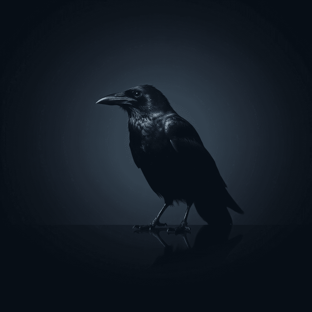 Raven standing still, minimal composition,
dark background, cold dim lighting,
subtle diamond reflection on beak,
low-key luxury style,
silent, observing, no emotion,
feeling of mystery and control,
ultra realistic, cinematic, high contrast shws
:::—