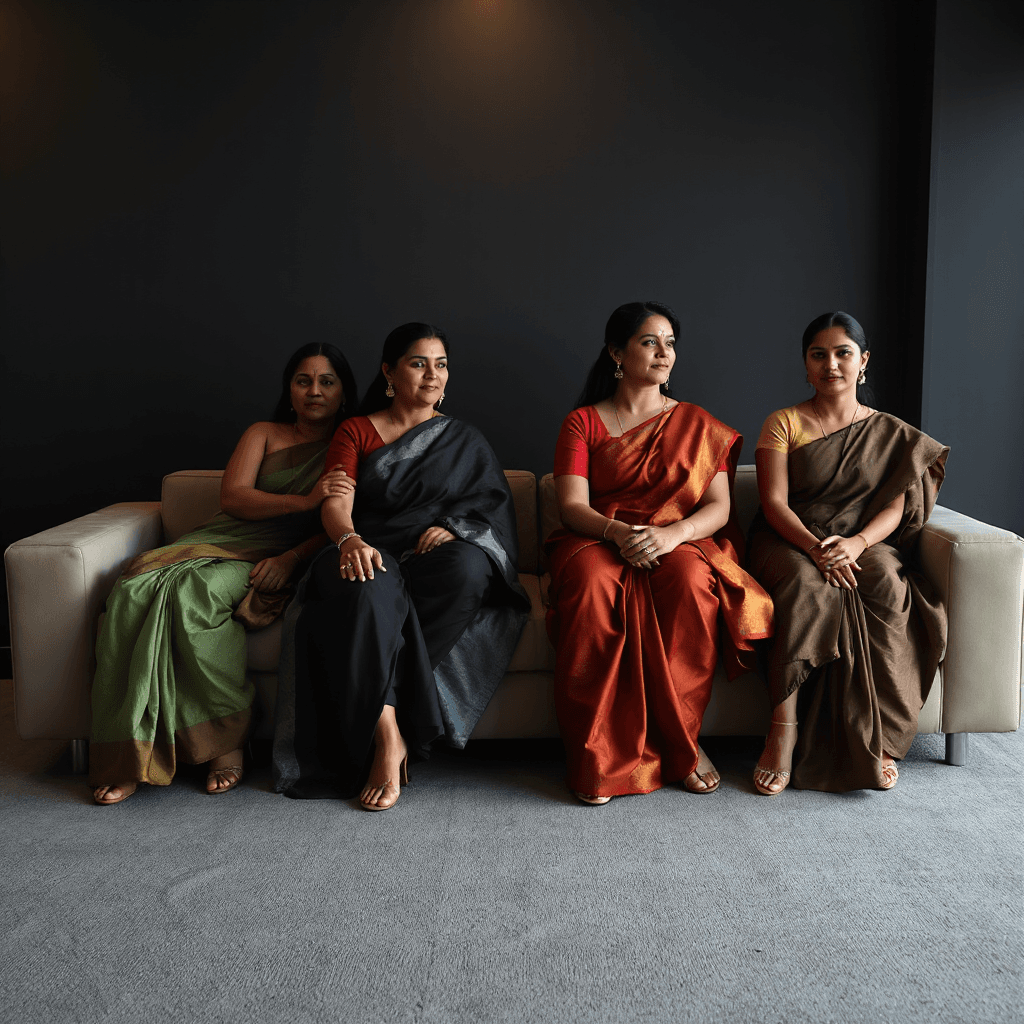 A group of 4 confident South Indian women sitting on a modern sofa, wearing elegant sarees (silk and cotton), neat draping, natural posture, all body parts anatomically correct, two legs per person, two arms per person, realistic hands and fingers, symmetrical faces, clean proportions, no distortion, no extra limbs
strong upright posture, calm confident expressions, direct eye contact, representing empowerment and leadership
cinematic low-key lighting, dark moody background, soft rim light highlighting their silhouettes, deep shadows, high contrast, luxurious and powerful atmosphere
minimal modern interior, subtle textures, no clutter
ultra realistic, sharp focus, 1080p, professional photography, 35mm lens, shallow depth of field, highly detailed skin textures
extra limbs, extra legs, extra arms, deformed body, bad anatomy, distorted face, blurry, low quality, duplicate body parts, unnatural posture, mutated hands, fused fingers
wide composition, horizontal banner, empty space on left side, subjects on right