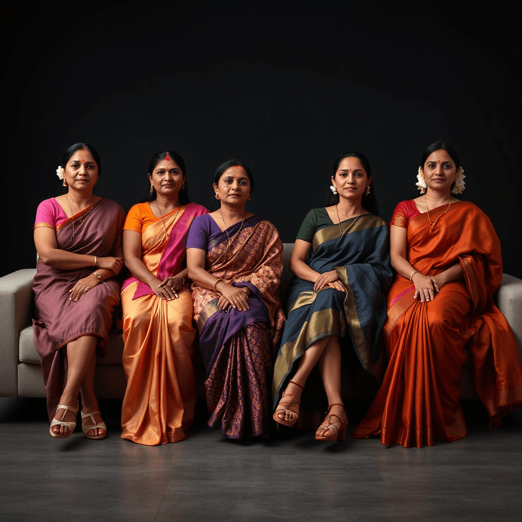 A group of 4 confident South Indian women sitting on a modern sofa, all wearing properly draped traditional sarees with matching blouses (fully covered upper body), modest and culturally accurate attire, no exposed chest, no missing clothing, elegant silk and cotton sarees
each woman has correct human anatomy: two arms, two legs, natural body proportions, realistic hands with five fingers, no extra limbs, no distortion, no duplication, no mutation
strong upright posture, composed and confident body language, direct eye contact with the camera, expressing empowerment, leadership, and unity
diverse South Indian features, natural skin tones, subtle makeup, bindis, optional traditional jewelry, neatly styled hair (some with jasmine flowers)
cinematic low-key lighting, dark moody background, soft rim lighting outlining silhouettes, deep shadows, high contrast, powerful and elegant atmosphere
minimal modern interior, clean composition, no clutter
wide horizontal composition, website hero banner style, subjects slightly to the right, empty space on the left for text
ultra realistic, highly detailed, sharp focus, professional photography, 35mm lens, shallow depth of field, 1080p resolution
NEGATIVE PROMPT:
extra limbs, extra legs, extra arms, missing blouse, exposed chest, nudity, deformed body, bad anatomy, distorted face, blurry, low quality, duplicate body parts, fused fingers, unnatural posture, cropped body parts