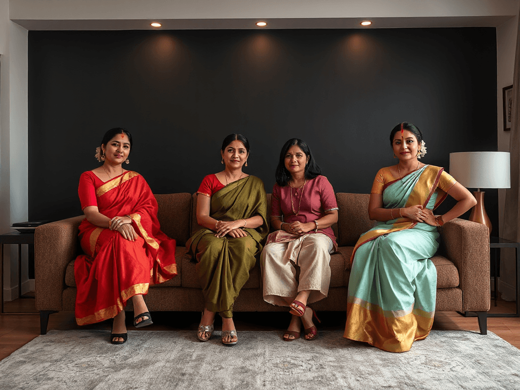 A group of 4 confident South Indian women in a modern living room setting, arranged naturally around a stylish sofa: some women sitting on the sofa, one woman sitting casually on the armrest, and one or two women standing behind the sofa
mixed traditional and modern attire: some women wearing elegant sarees with properly fitted blouses (fully covered, modest), and others wearing contemporary outfits (such as kurtis or smart casual wear), all clothing culturally appropriate and fully intact
each person has correct human anatomy: two arms, two legs, realistic hands with five fingers, natural body proportions, no extra limbs, no distortion, no duplication
strong, confident body language, upright posture, relaxed but powerful poses, direct eye contact with the camera, expressing empowerment, leadership, and unity
diverse South Indian features, natural skin tones, subtle makeup, optional bindis, minimal traditional jewelry, neatly styled hair (some with jasmine flowers)
cinematic low-key lighting, dark moody background, soft rim lighting highlighting silhouettes, deep shadows, high contrast, dramatic and empowering atmosphere
minimal modern interior, clean and uncluttered, premium aesthetic
wide horizontal composition, website hero banner style, subjects positioned slightly to the right, empty space on the left for text
ultra realistic, highly detailed, sharp focus, professional photography, 35mm lens, shallow depth of field, 1080p resolution
NEGATIVE PROMPT:
extra limbs, extra legs, extra arms, missing clothing, exposed chest, nudity, deformed body, bad anatomy, distorted face, blurry, low quality, duplicate people, fused fingers, unnatural posture, cropped heads, cut off limbs