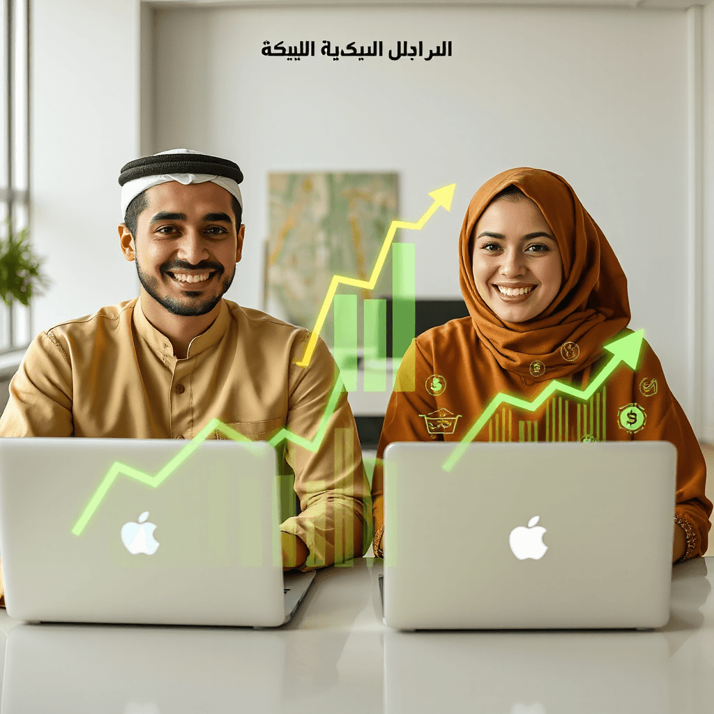 Vertical 9:16 Instagram story advertising image, two young Arab entrepreneurs (one male, one female) working together on laptops in a modern bright office, smiling and celebrating success. Behind them glowing green and gold financial growth charts rising upward, futuristic holographic UI elements, ecommerce icons floating subtly. Bright cinematic lighting, high contrast, ultra realistic, professional marketing campaign style. Clean negative space at the top and center for Arabic promotional text. 4K, sharp focus, depth of field --ar 9:16" ,"Upper third empty, minimal background details for text placement" ,"Middle Eastern modern office style"