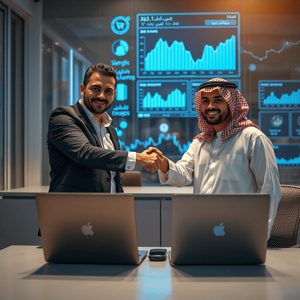 "Vertical 9:16 Instagram story image, close-up of two young Arab business partners shaking hands confidently in a modern digital workspace, laptops open on desk, glowing blue financial charts and digital analytics screens in background, ecommerce symbols floating softly. Warm optimistic lighting, cinematic tone, ultra realistic photography, professional business advertising look. Space on top and bottom for Arabic text overlay. 4K resolution --ar 9:16
","Upper third empty, minimal background details for text placement"