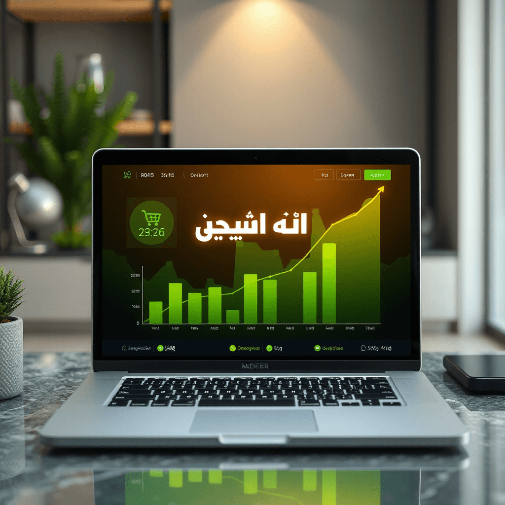 "Vertical 9:16 Instagram story advertising background, modern laptop on desk showing rising ecommerce sales dashboard, glowing upward charts in green and gold, digital marketing concept, futuristic interface overlays, dramatic lighting with high contrast. Clean blurred background with strong empty space in the center for Arabic call-to-action text. Ultra realistic, professional commercial photography, 4K --ar 9:16
", "Upper third empty, minimal background details for text placement
"