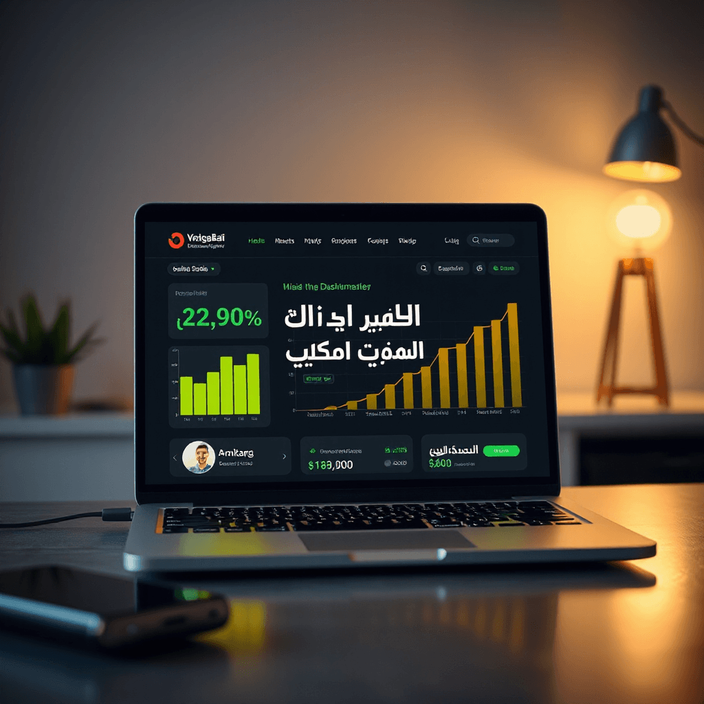 Vertical 9:16 Instagram story advertising background, modern laptop on desk showing rising ecommerce sales dashboard, glowing upward charts in green and gold, digital marketing concept, futuristic interface overlays, dramatic lighting with high contrast. Clean blurred background with strong empty space in the center for Arabic call-to-action text. Ultra realistic, professional commercial photography, 4K --ar 9:16