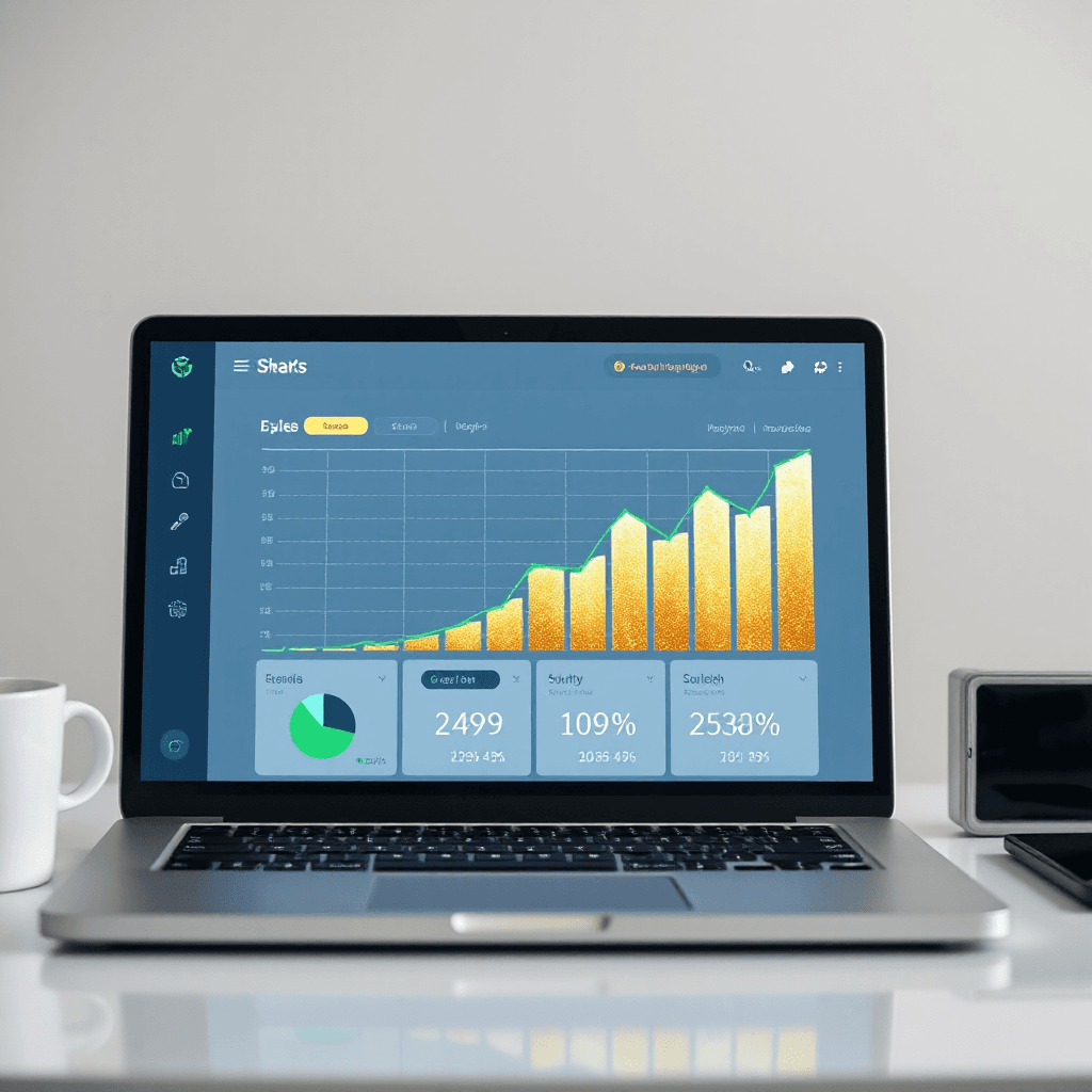 "Vertical 9:16 Instagram story background, modern laptop on desk showing rising ecommerce sales dashboard with graphs only (no text, no letters, no numbers). Glowing green and gold upward charts, futuristic digital interface elements, clean minimal workspace. Soft blurred background, strong empty space in the center and upper area for text overlay. No words, no typography, no Arabic letters, no English letters. Ultra realistic, cinematic lighting, high contrast, professional commercial photography, 4K --ar 9:16" ,"The image must not contain any text, letters, numbers, or typography."