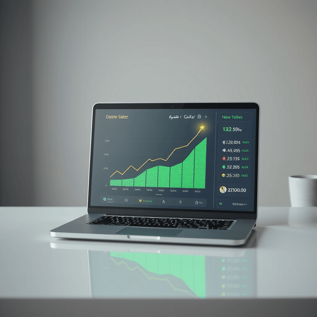 "Vertical 9:16 Instagram story background, modern laptop on desk showing rising ecommerce sales dashboard with graphs only (no text, no letters, no numbers). Glowing green and gold upward charts, futuristic digital interface elements, clean minimal workspace. Soft blurred background, strong empty space in the center and upper area for text overlay. No words, no typography, no Arabic letters, no English letters. Ultra realistic, cinematic lighting, high contrast, professional commercial photography, 4K --ar 9:16
" ,"-no text --no letters --no words --no typography"