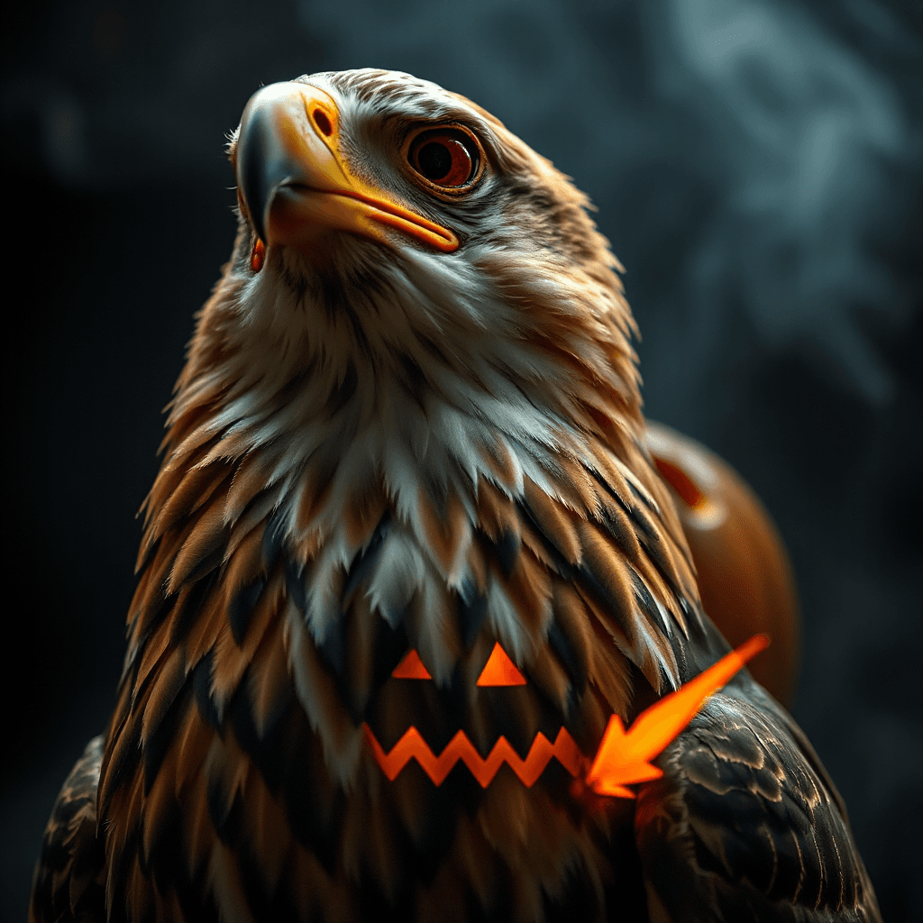 Close-up eagle dengan mata bercahaya merah, kabut hitam dan asap lilin oranye bergerak, background penuh labu jack-o-lantern bersinar samar, vibes horror aesthetic --ar 9:16 --v 7