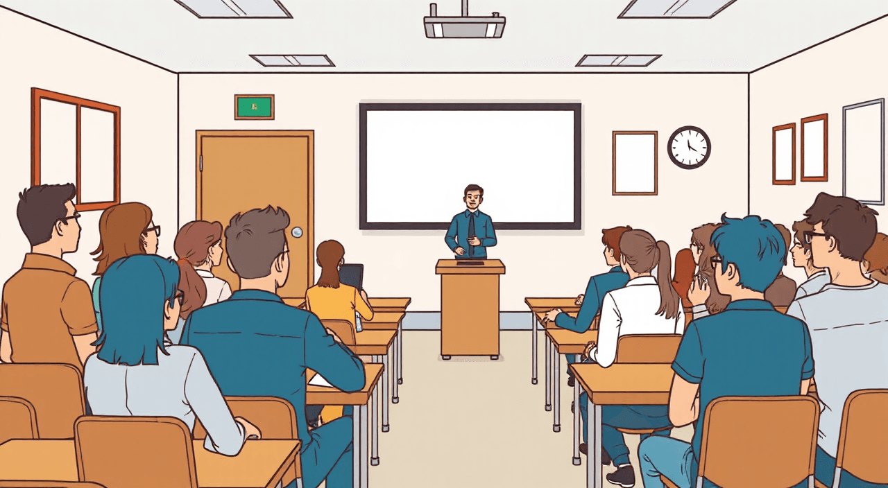 A classroom full of people listening to the teacher, the picture has to be in stickman style
, in cartoon style