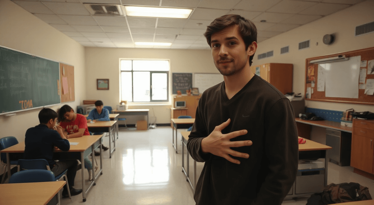 now I want you to show a guy with his hands on his stomach because its rubmling, in the same classroom, the POV pointed at his face