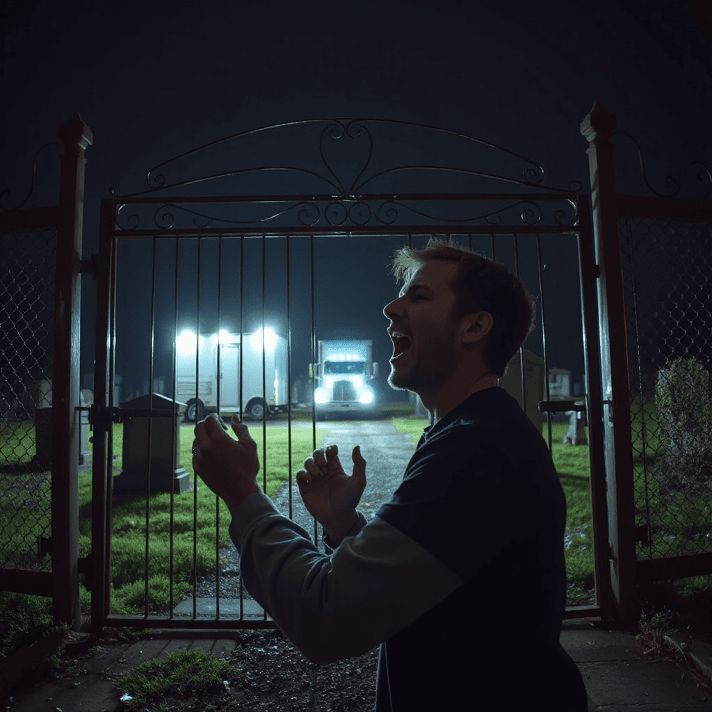 Create imagefor YouTube thumbnail , setting is a guy screaming as he clasps gates of a locked graveyard at night with a refrigerator truck with lights on in the distance